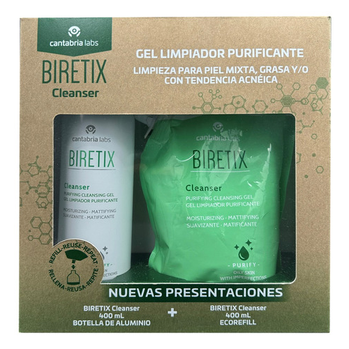 Kit Biretix Cleanser Botella De Aluminio 400ml + Refill 400ml